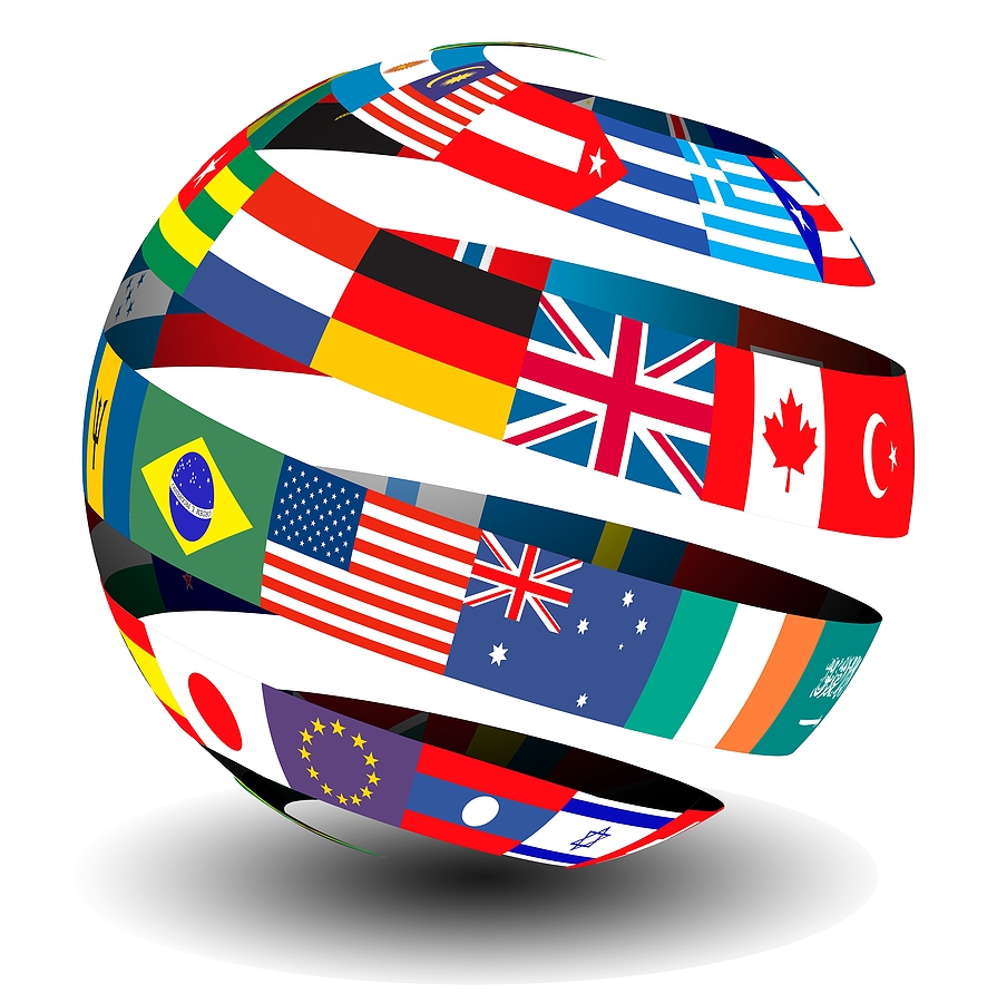Different flags of the world set in a globe with a peel/ribbon effect