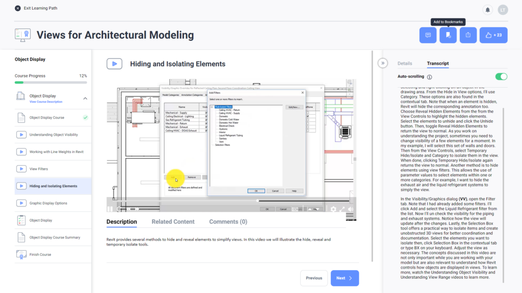 A screenshot of a course on views for architectural modeling with a video on hiding and isolating elements.