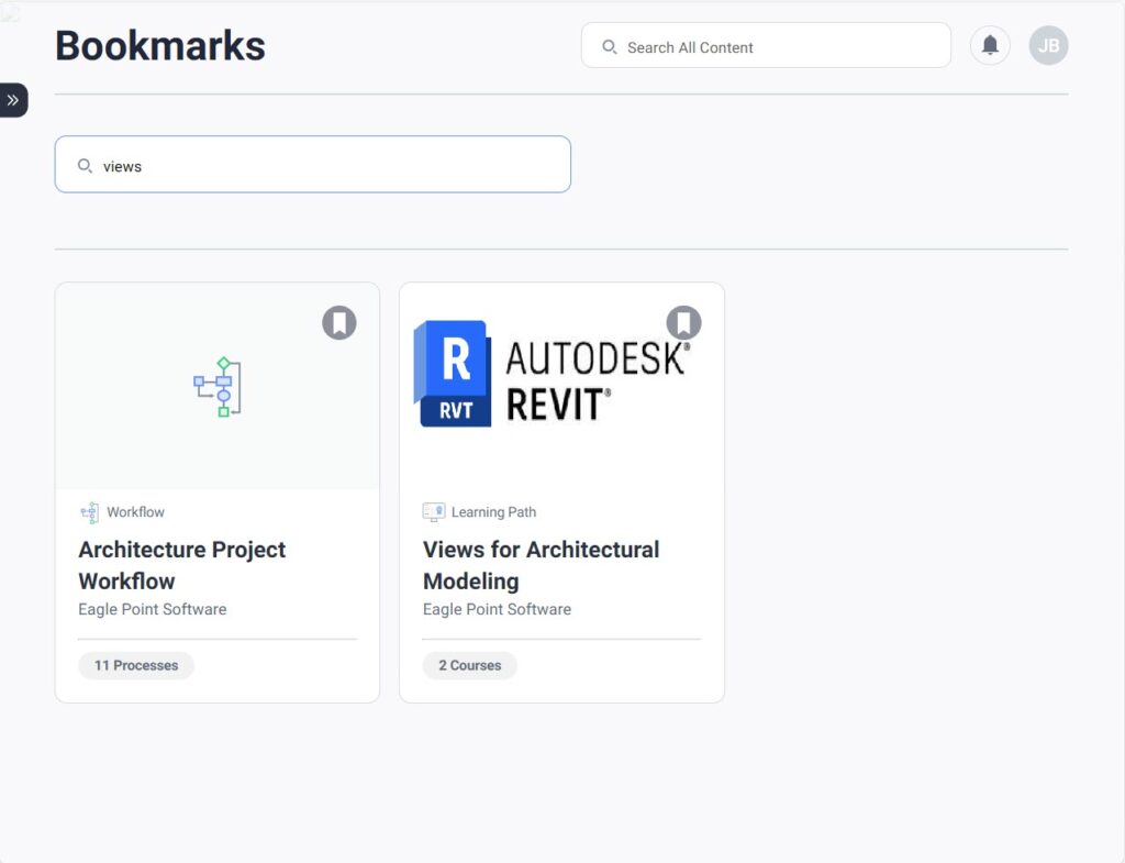 Bookmarked content including an architecture project workflow, and a Revit course on Views for Architectural Modeling