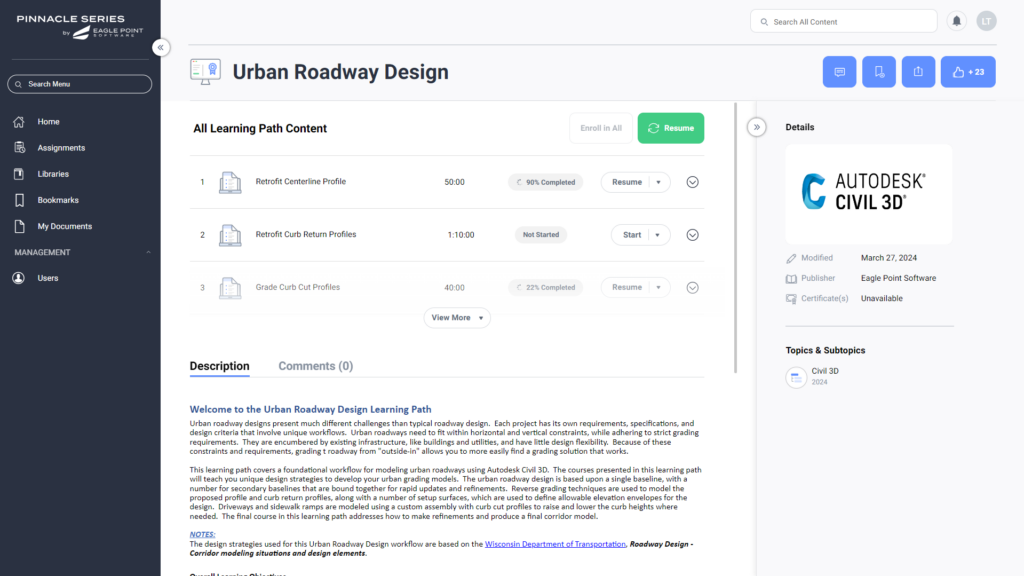 A learning path showing urban roadway design.