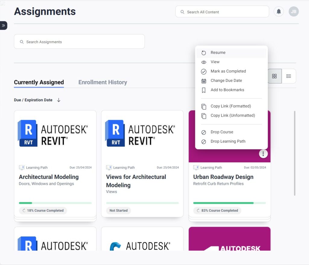 Assigned courses for an Autodesk Revit course on Architectural Modeling.